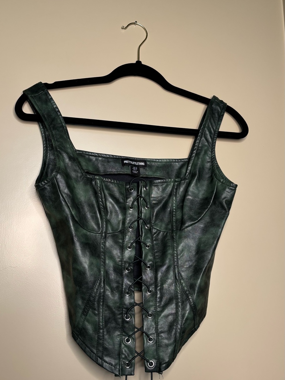 PRETTYLITTLETHING Green Faux Leather Lace-Up Corset Top
